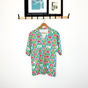 Nike Dri-Fit Button Up Shirt Tropical Tile Print Short Sleeve Size S
